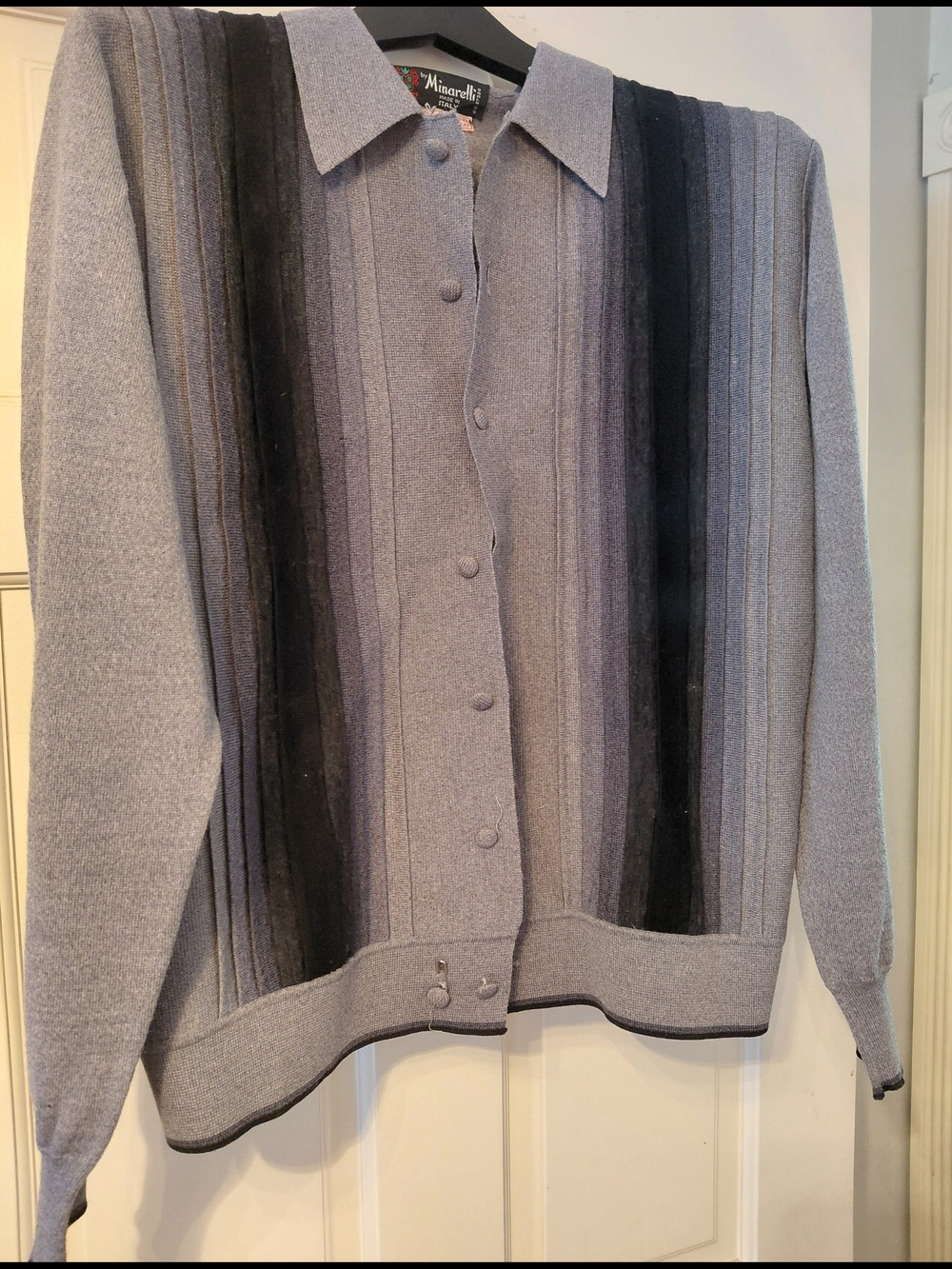 NWOT. Men's Grey Wool Cardigan with Black Vertical Stripe Accents On Front